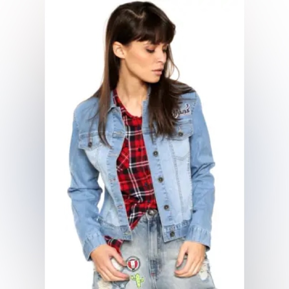 Vans Retro Embroidered Patched Logo Blue Denim Trucker Jacket Small